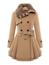 Aurohaya Elegant Double Breasted Faux Fur Collar Midi Coat with Belt for Women Winter Parka